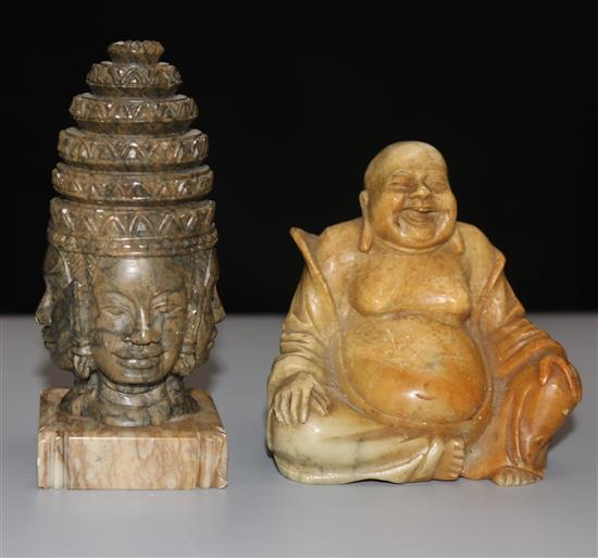 A soapstone figure of Budai and a head